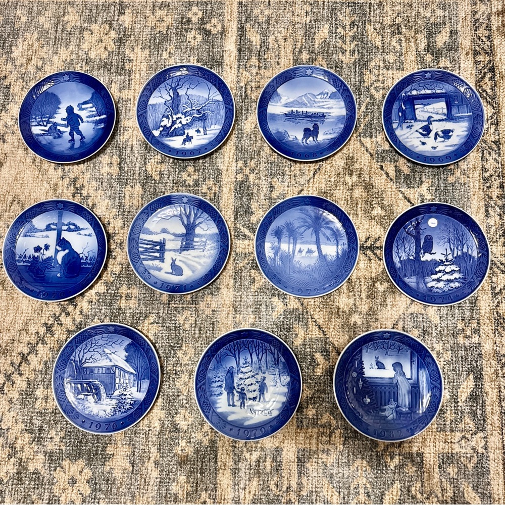 13 Year Run of Royal Copenhagen Denmark 1965 -1982 Christmas Plates in Blue.